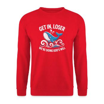  Get In Loser We Are Doing Gods Will Lustiger - Unisex Pullover - Rot - Vorne - Alina (178cm) & Michal (187cm)