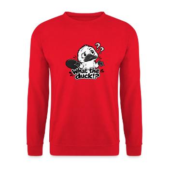 Was zum Teufel!? - Lustiges Schnabeltier-Design - Unisex Pullover - Rot - Vorne - Alina (178cm) & Michal (187cm)