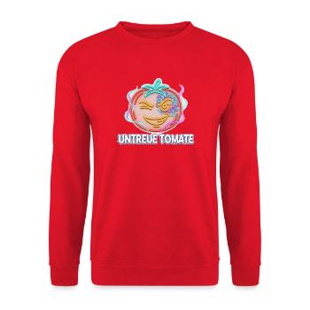 Untreue Tomate – Neon Cyberpunk Vegan Humor - Unisex Pullover - Rot - Vorne - Alina (178cm) & Michal (187cm)