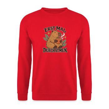 Capybara Kaffeepause - Unisex Pullover - Rot - Vorne - Alina (178cm) & Michal (187cm)