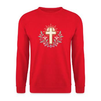 Kreuz mit Sonnenkreis und Blumen - Unisex Pullover - Rot - Vorne - Alina (178cm) & Michal (187cm)