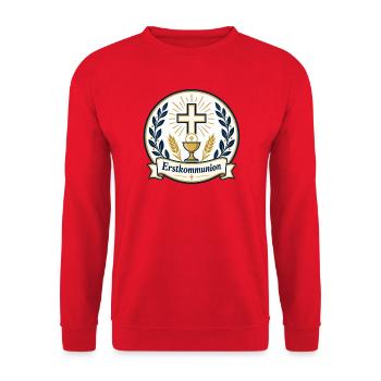 Erstkommunion Kreuz Kelch Emblem - Unisex Pullover - Rot - Vorne - Alina (178cm) & Michal (187cm)