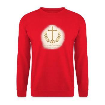 Goldenes Kreuz mit Lorbeer und Eheringen - Unisex Pullover - Rot - Vorne - Alina (178cm) & Michal (187cm)