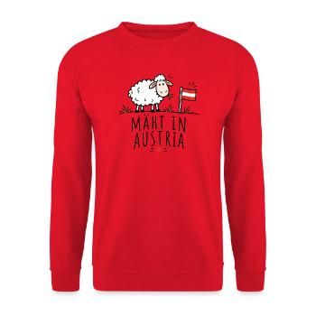 Mäht in Austria – Lustiges Schafmotiv - Unisex Pullover - Rot - Vorne - Alina (178cm) & Michal (187cm)