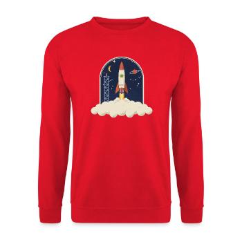 Retro Rakete beim Start, Nachthimmel-Badge - Unisex Pullover - Rot - Vorne - Alina (178cm) & Michal (187cm)