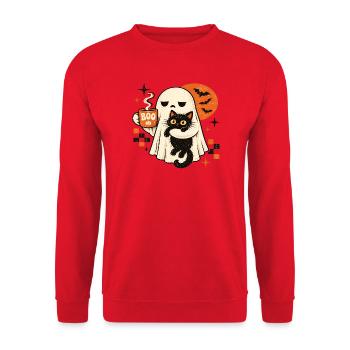 Retro Halloween – Geist und Schwarze Katze - Unisex Pullover - Rot - Vorne - Alina (178cm) & Michal (187cm)