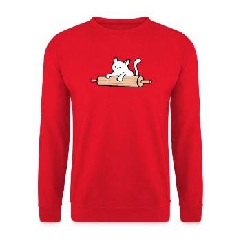 Katze auf Teigrolle - Unisex Pullover - Rot - Vorne - Alina (178cm) & Michal (187cm)
