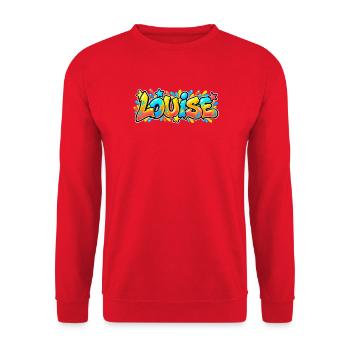 LOUISE in Graffiti: Der Name, der für Aufsehen sorgt - Unisex Pullover - Rot - Vorne - Alina (178cm) & Michal (187cm)