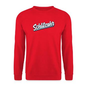 Schlitzohr - Schweizerdeutsch - Mundart - Dialekt - Unisex Pullover - Rot - Vorne - Alina (178cm) & Michal (187cm)