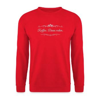Kaffee. Dann reden. – Vintage Ornament - Unisex Pullover - Rot - Vorne - Alina (178cm) & Michal (187cm)