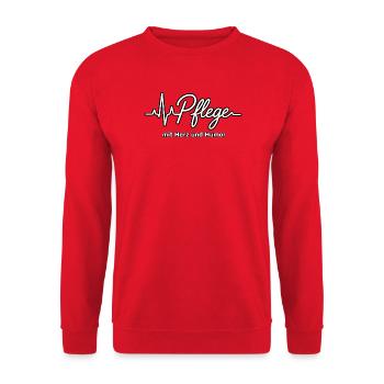 Pflege mit Herz und Humor – EKG Puls Shirt - Unisex Pullover - Rot - Vorne - Alina (178cm) & Michal (187cm)
