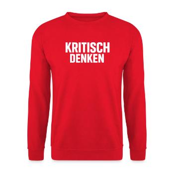 Kritisch Denken – Klarer Statement Look - Unisex Pullover - Rot - Vorne - Alina (178cm) & Michal (187cm)