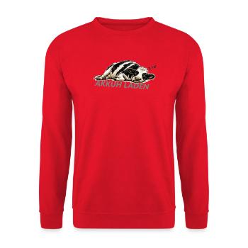 Akkuh Laden | Akku leer | Morgenmuffel - Unisex Pullover - Rot - Vorne - Alina (178cm) & Michal (187cm)
