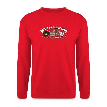 Aufgewachsen mit all dem: Retro Tech Mashup - Unisex Pullover - Rot - Vorne - Alina (178cm) & Michal (187cm)
