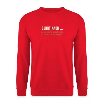 Denkt nach … – Antwort nach dem Kaffee - Unisex Pullover - Rot - Vorne - Alina (178cm) & Michal (187cm)