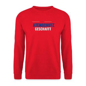 Jugendfeuerwehr Shirt – Atemschutz geschafft - Unisex Pullover - Rot - Vorne - Alina (178cm) & Michal (187cm)