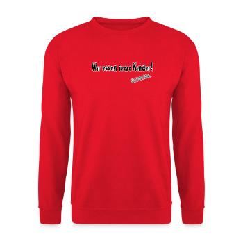 Wir essen jetzt Kinder! Ein Komma kann euer Leben - Unisex Pullover - Rot - Vorne - Alina (178cm) & Michal (187cm)
