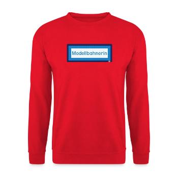 lustiger Spruch Modellbahnerin Zugzielanzeige fun - Unisex Pullover - Rot - Vorne - Alina (178cm) & Michal (187cm)
