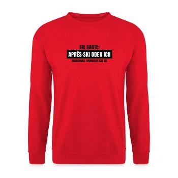 Sie sagte Apres Ski oder ich Party lustig Design - Unisex Pullover - Rot - Vorne - Alina (178cm) & Michal (187cm)
