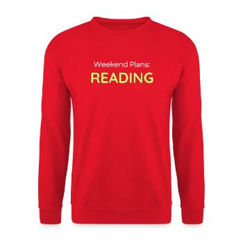 Minimalistischer botanischer Buch- und Blattdruck - Unisex Pullover - Rot - Vorne - Alina (178cm) & Michal (187cm)