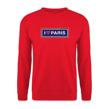 Vintage-Retro-Metrostation-Schild ICH LIEBE PARIS - Unisex Pullover - Rot - Vorne - Alina (178cm) & Michal (187cm)