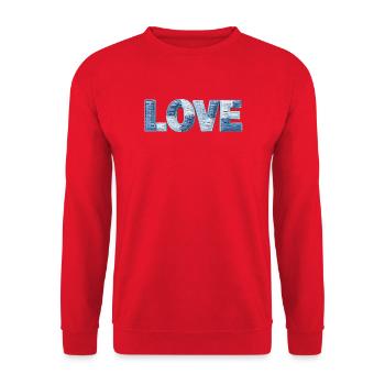 LOVE Patchwork Trend Schriftzug Stoff Look - Unisex Pullover - Rot - Vorne - Alina (178cm) & Michal (187cm)