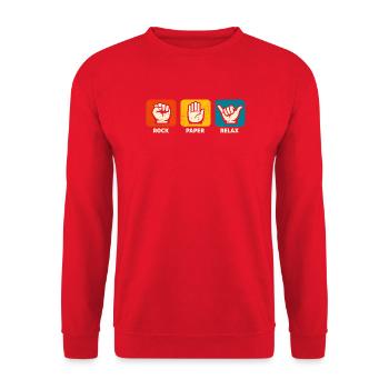 Stone Paper Relax, stay loose, funnier - Unisex Sweatshirt - red - Front - Alina (178cm) & Michal (187cm)
