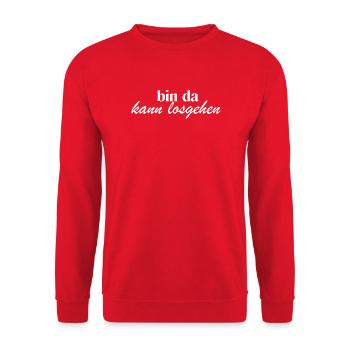 bin da kann losgehen weiß - Unisex Pullover - Rot - Vorne - Alina (178cm) & Michal (187cm)