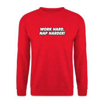 Work Hard Nap Harder Typographic Quote - Unisex Pullover - Rot - Vorne - Alina (178cm) & Michal (187cm)