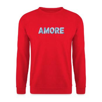 Amore Schriftzug Patchwork Design Blau - Unisex Pullover - Rot - Vorne - Alina (178cm) & Michal (187cm)