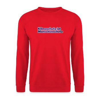 Klimaschutz ist Menschenschutz - Unisex Pullover - Rot - Vorne - Alina (178cm) & Michal (187cm)