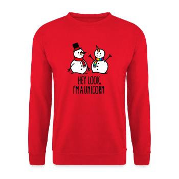 Hey look I'm a unicorn, Schneemann, Weihnachten - Unisex Pullover - Rot - Vorne - Alina (178cm) & Michal (187cm)