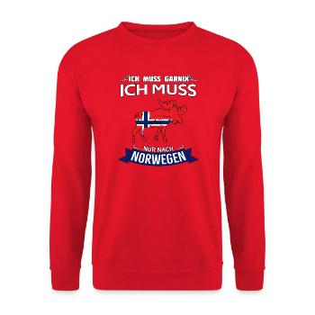 Ich muss nur nach Norwegen Spruch Elch - Unisex Pullover - Rot - Vorne - Alina (178cm) & Michal (187cm)