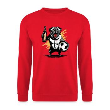Mops mit Fußball und Bier - Lustiger Saufmops - Unisex Pullover - Rot - Vorne - Alina (178cm) & Michal (187cm)