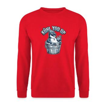 Cooler Pinguin Abkühlung - Unisex Pullover - Rot - Vorne - Alina (178cm) & Michal (187cm)