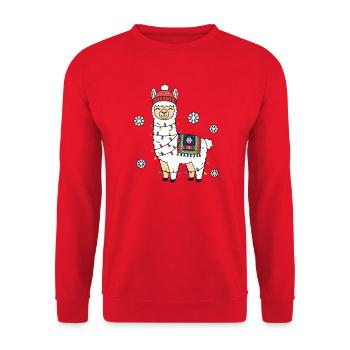 Lama mit Lichterkette – Ugly Christmas - Unisex Pullover - Rot - Vorne - Alina (178cm) & Michal (187cm)