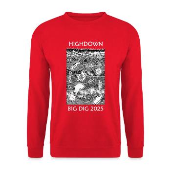 Big Dig 2025 Doodle-Kunstwerk - Unisex Pullover - Rot - Vorne - Alina (178cm) & Michal (187cm)