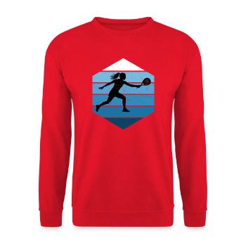 Geschenkidee für eine Padel-Fanin mit Padel Tennis - Unisex Pullover - Rot - Vorne - Alina (178cm) & Michal (187cm)