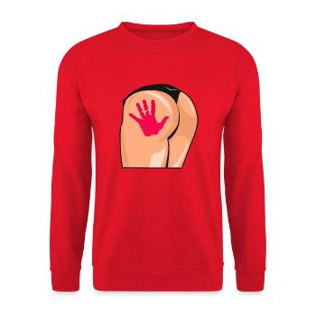 Hand Gesäß Popotin frecher Humor - Unisex Pullover - Rot - Vorne - Alina (178cm) & Michal (187cm)