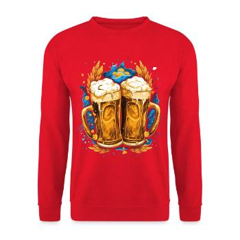 Bier, Bierkrug mit Schaumkrone, Goldene Bierkrüge - Unisex Pullover - Rot - Vorne - Alina (178cm) & Michal (187cm)