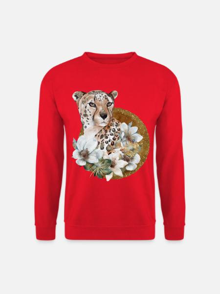 Leopard mit Gold und Blüten - Unisex Pullover - Rot