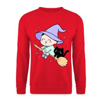 Kleine Hexe mit Katze - Unisex Pullover - Rot - Vorne - Alina (178cm) & Michal (187cm)