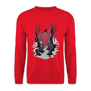 Friedhofstor im Nebel - Unisex Pullover - Rot - Vorne - Alina (178cm) & Michal (187cm)