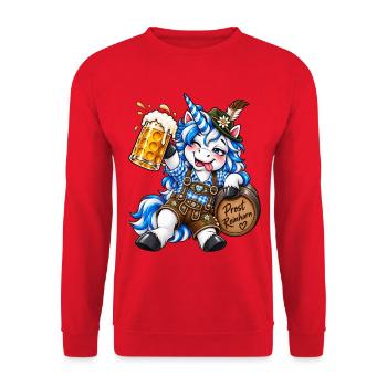 Prost Reinhorn Einhorn Lederhose Trachten Spruch - Unisex Pullover - Rot - Vorne - Alina (178cm) & Michal (187cm)