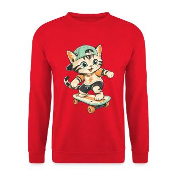 Skater Katze Skateboard Kätzchen Niedlich Lustig - Unisex Pullover - Rot - Vorne - Alina (178cm) & Michal (187cm)