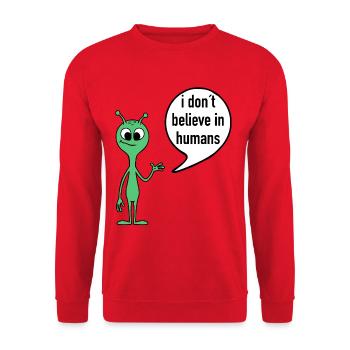 Alien Spruch I don’t believe in humans - Unisex Pullover - Rot - Vorne - Alina (178cm) & Michal (187cm)
