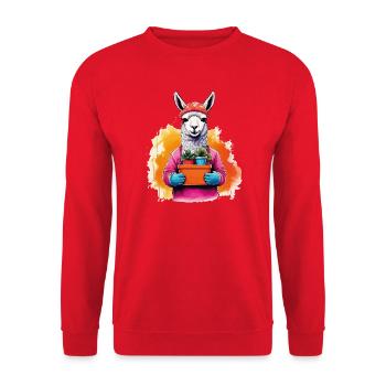Lama mit Blumen im Topf - Unisex Pullover - Rot - Vorne - Alina (178cm) & Michal (187cm)