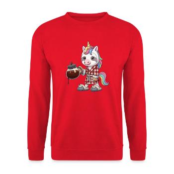 Funny Unicorn Coffee Lover Morning Brew in Robe - Unisex Sweatshirt - red - Front - Alina (178cm) & Michal (187cm)