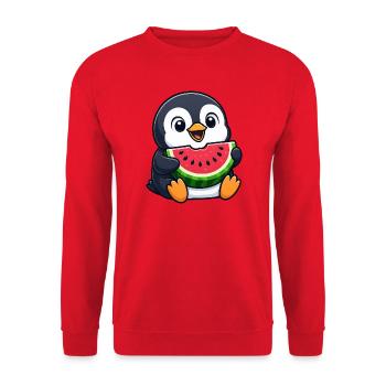 Lustiger Pinguin mit Melone Sommerfrucht Cartoon - Unisex Pullover - Rot - Vorne - Alina (178cm) & Michal (187cm)