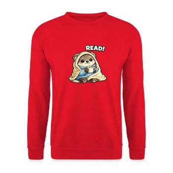 Kuschelbär Lesezeit Unter Decke - Unisex Pullover - Rot - Vorne - Alina (178cm) & Michal (187cm)